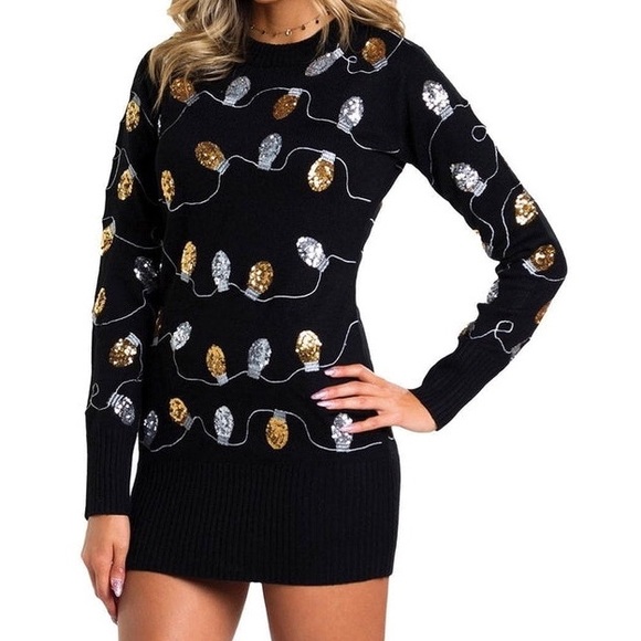 Tipsy Elves black knit silver and gold string lights size M NWT shimmer shine - Picture 1 of 15